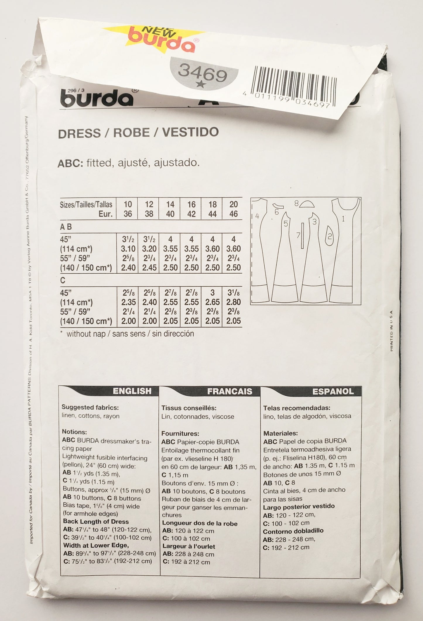 BURDA, Sewing Pattern 3469, Dress, Buttoned Dress, Size 10-20