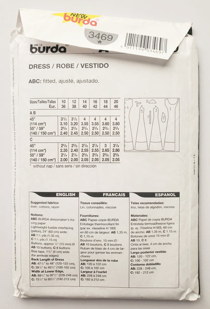 BURDA, Sewing Pattern 3469, Dress, Buttoned Dress, Size 10-20