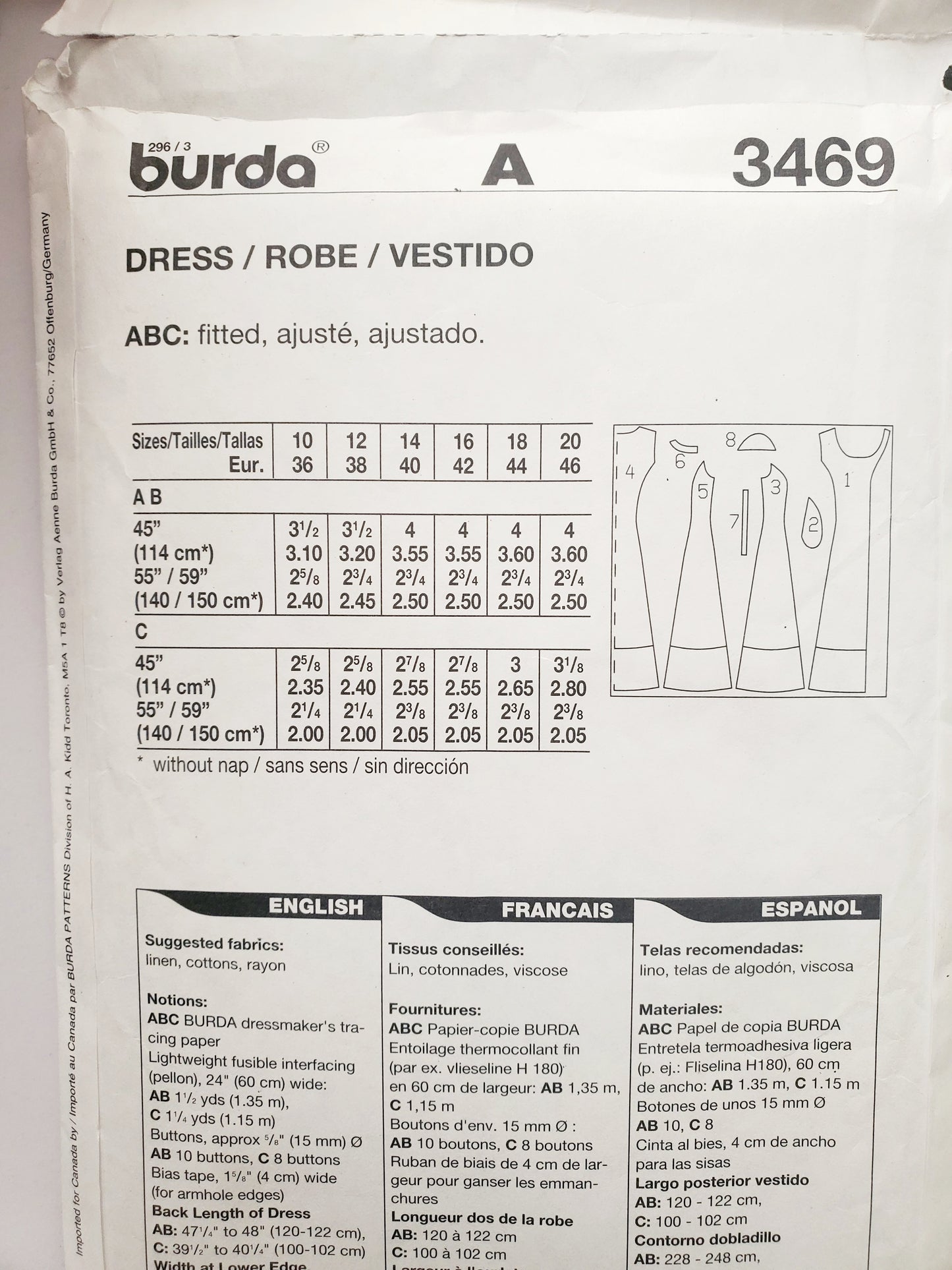 BURDA, Sewing Pattern 3469, Dress, Buttoned Dress, Size 10-20