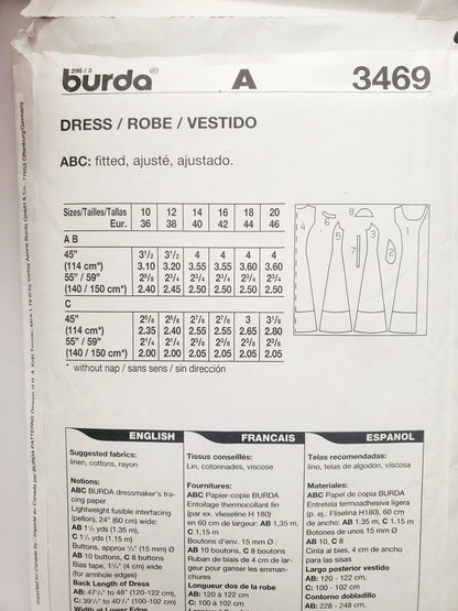 BURDA, Sewing Pattern 3469, Dress, Buttoned Dress, Size 10-20