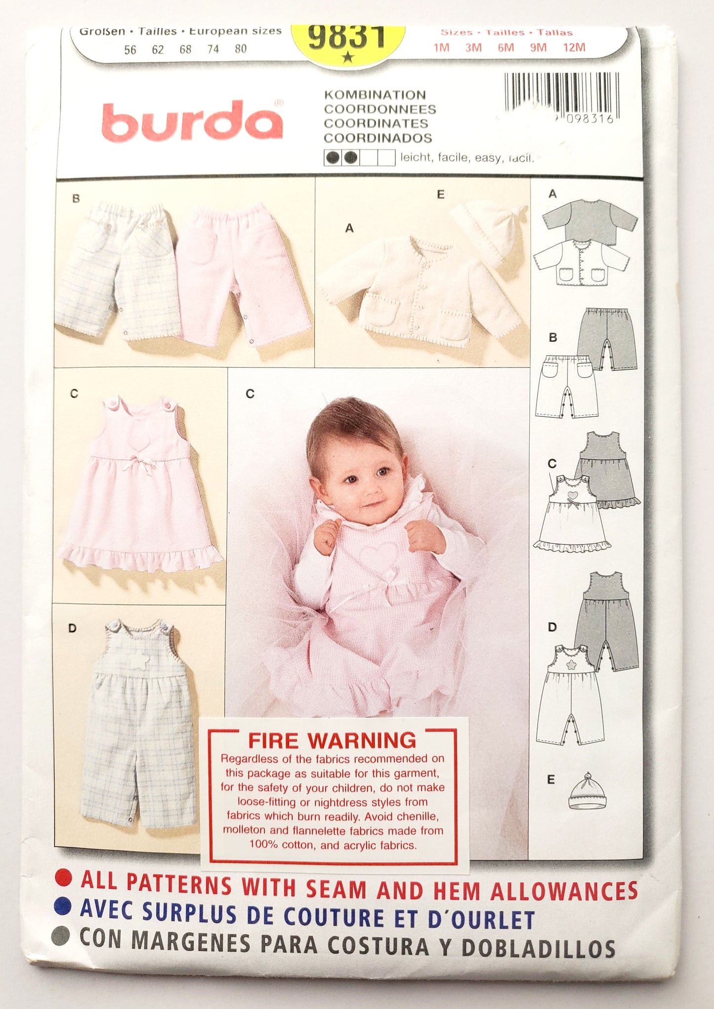 BURDA KIDS, Sewing Pattern ,9831, Beanie, Pants, Jacket, Dress, Romper, Baby, Infant, Size 1M-12M