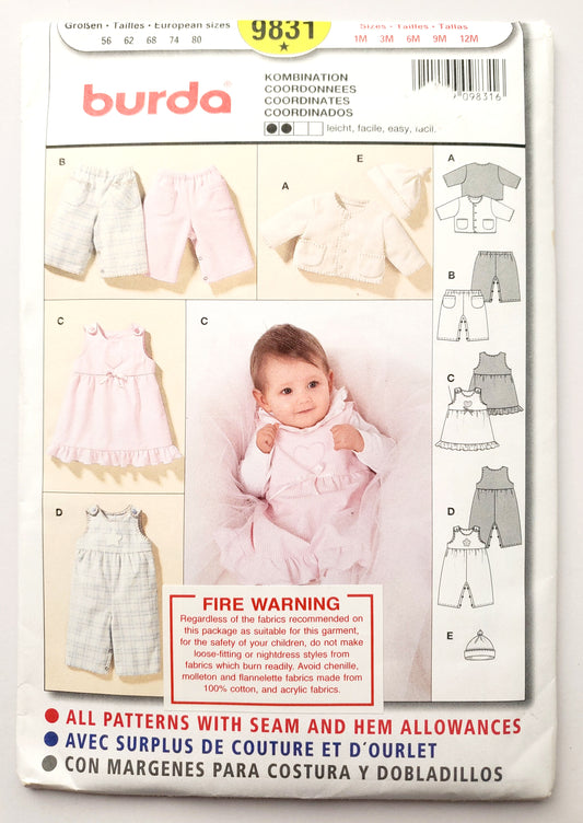 BURDA KIDS, Sewing Pattern ,9831, Beanie, Pants, Jacket, Dress, Romper, Baby, Infant, Size 1M-12M