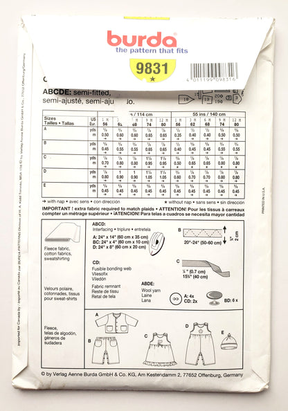 BURDA KIDS, Sewing Pattern ,9831, Beanie, Pants, Jacket, Dress, Romper, Baby, Infant, Size 1M-12M