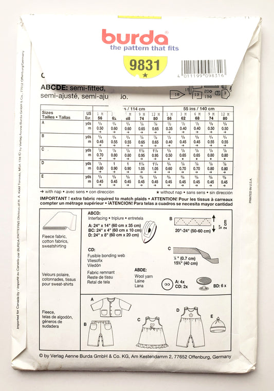BURDA KIDS, Sewing Pattern ,9831, Beanie, Pants, Jacket, Dress, Romper, Baby, Infant, Size 1M-12M