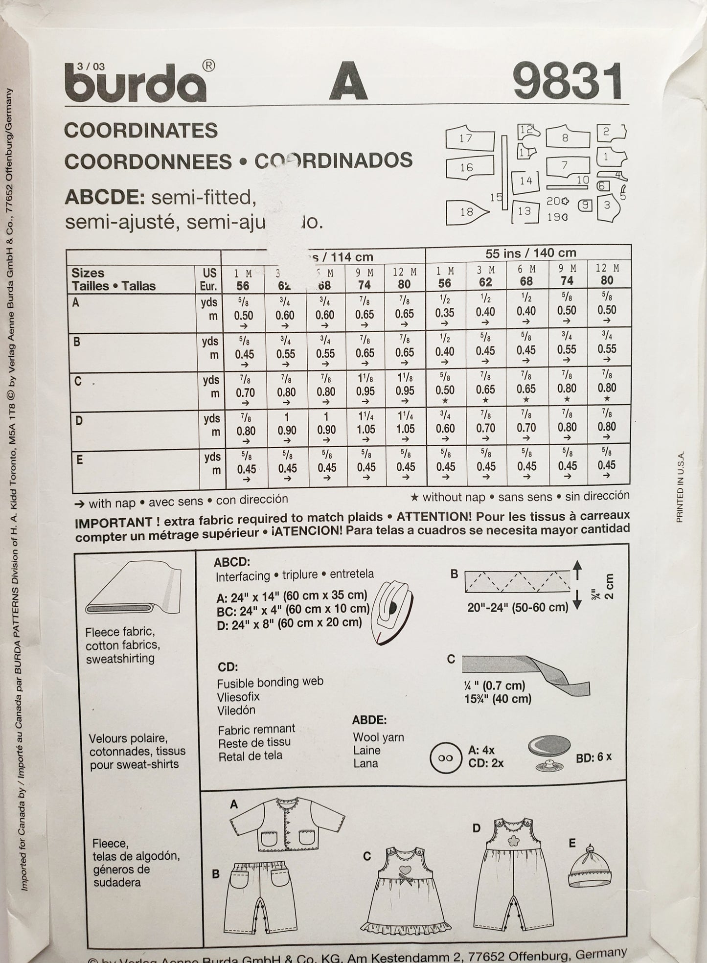 BURDA KIDS, Sewing Pattern ,9831, Beanie, Pants, Jacket, Dress, Romper, Baby, Infant, Size 1M-12M