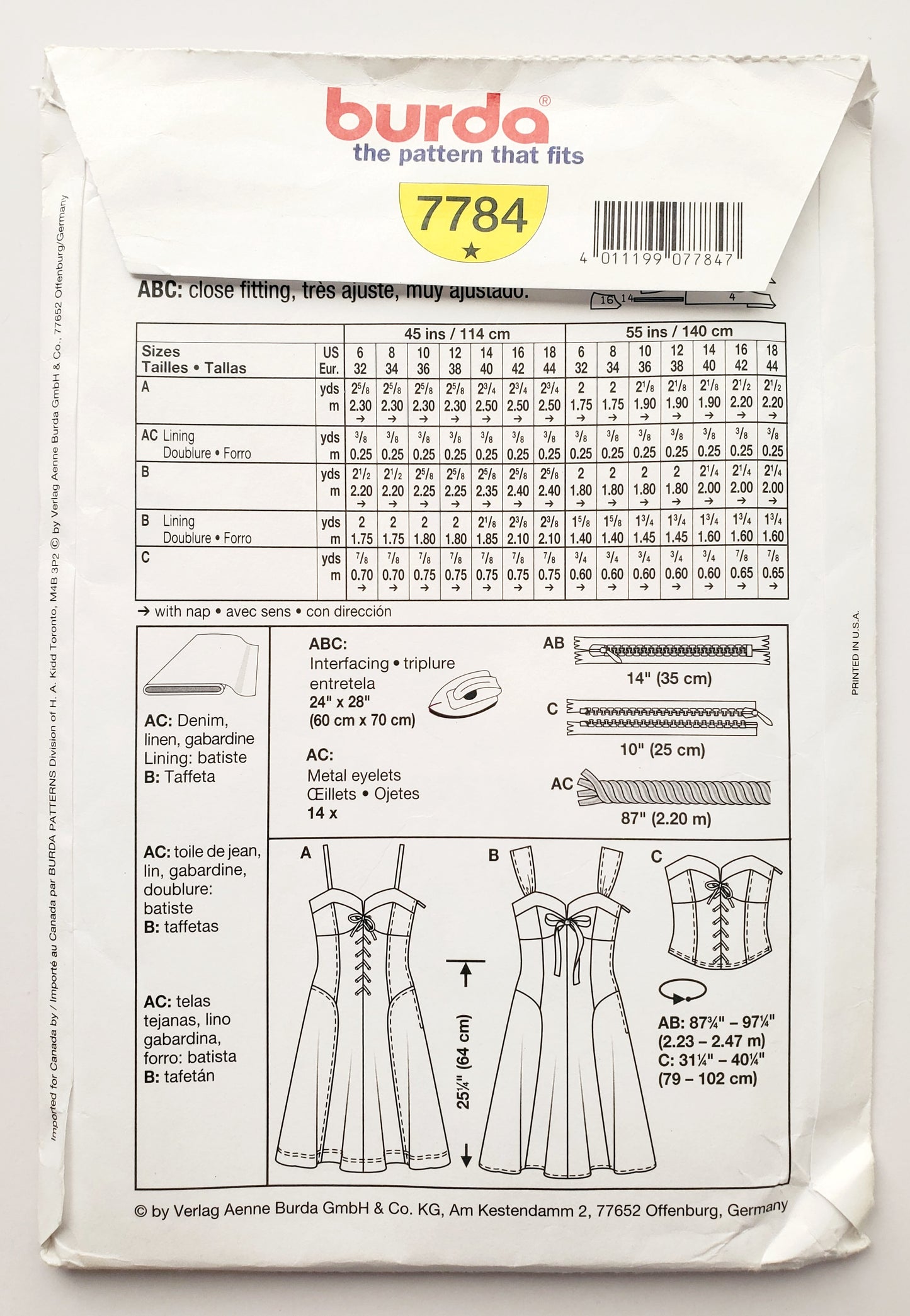 BURDA Sewing Pattern 7784, Dress, Lace-Up Sweetheart Sundress, Size 6-18