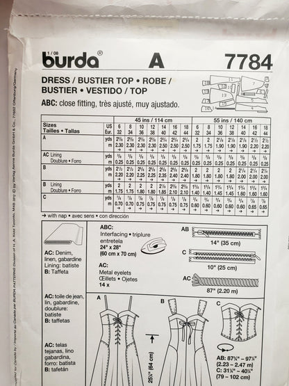 BURDA Sewing Pattern 7784, Dress, Lace-Up Sweetheart Sundress, Size 6-18