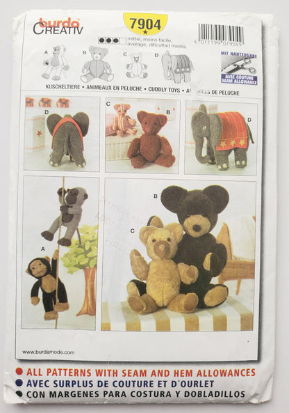 BURDA CREATIV, Sewing Pattern 7904, Monkey, Teddy Bears, Elephant, Soft Toys, Cuddly Toys, Animals, Size 45cm, 56cm, 38cm, 32cm.