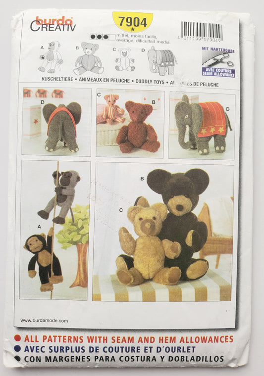 BURDA CREATIV, Sewing Pattern 7904, Monkey, Teddy Bears, Elephant, Soft Toys, Cuddly Toys, Animals, Size 45cm, 56cm, 38cm, 32cm.
