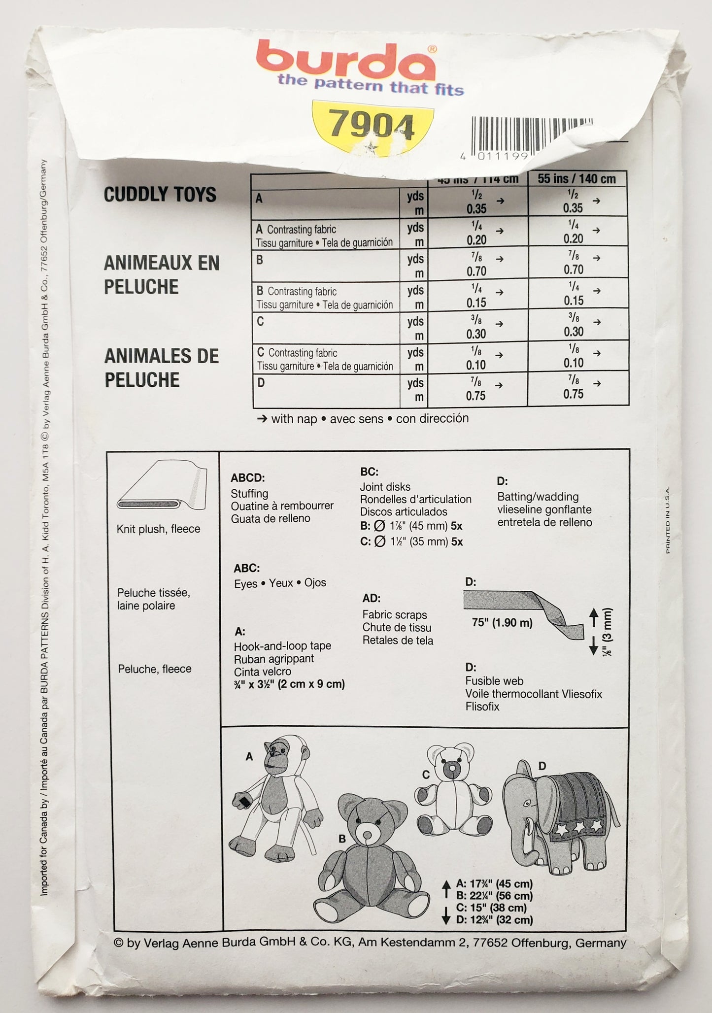 BURDA CREATIV, Sewing Pattern 7904, Monkey, Teddy Bears, Elephant, Soft Toys, Cuddly Toys, Animals, Size 45cm, 56cm, 38cm, 32cm.