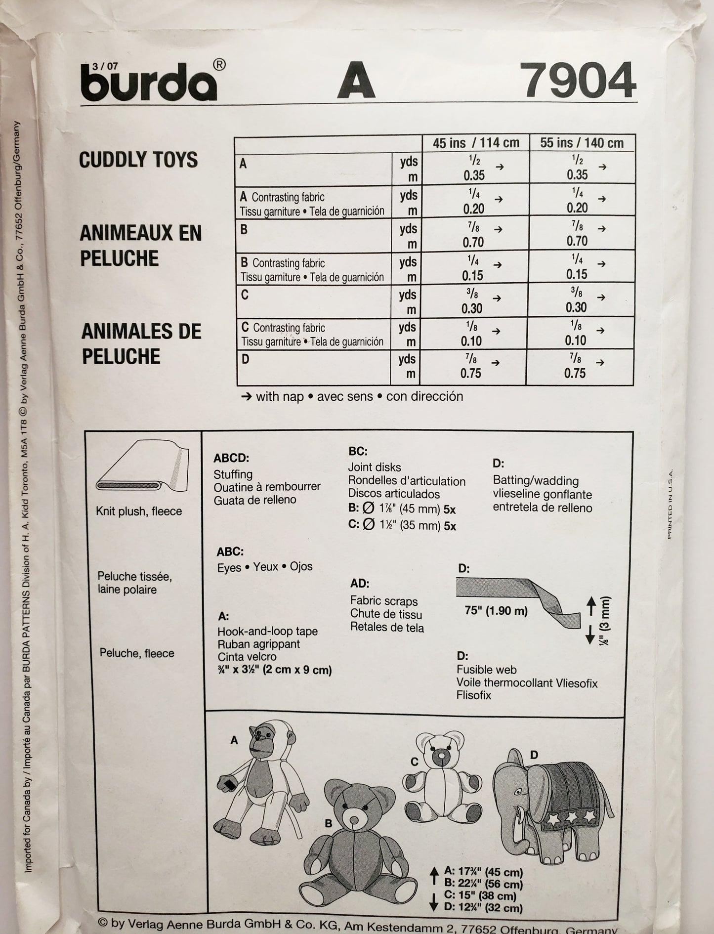 BURDA CREATIV, Sewing Pattern 7904, Monkey, Teddy Bears, Elephant, Soft Toys, Cuddly Toys, Animals, Size 45cm, 56cm, 38cm, 32cm.