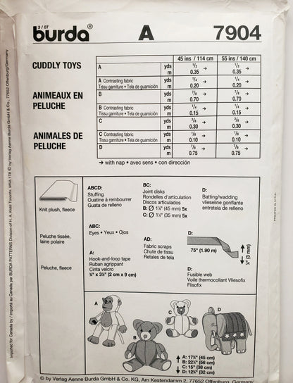 BURDA CREATIV, Sewing Pattern 7904, Monkey, Teddy Bears, Elephant, Soft Toys, Cuddly Toys, Animals, Size 45cm, 56cm, 38cm, 32cm.