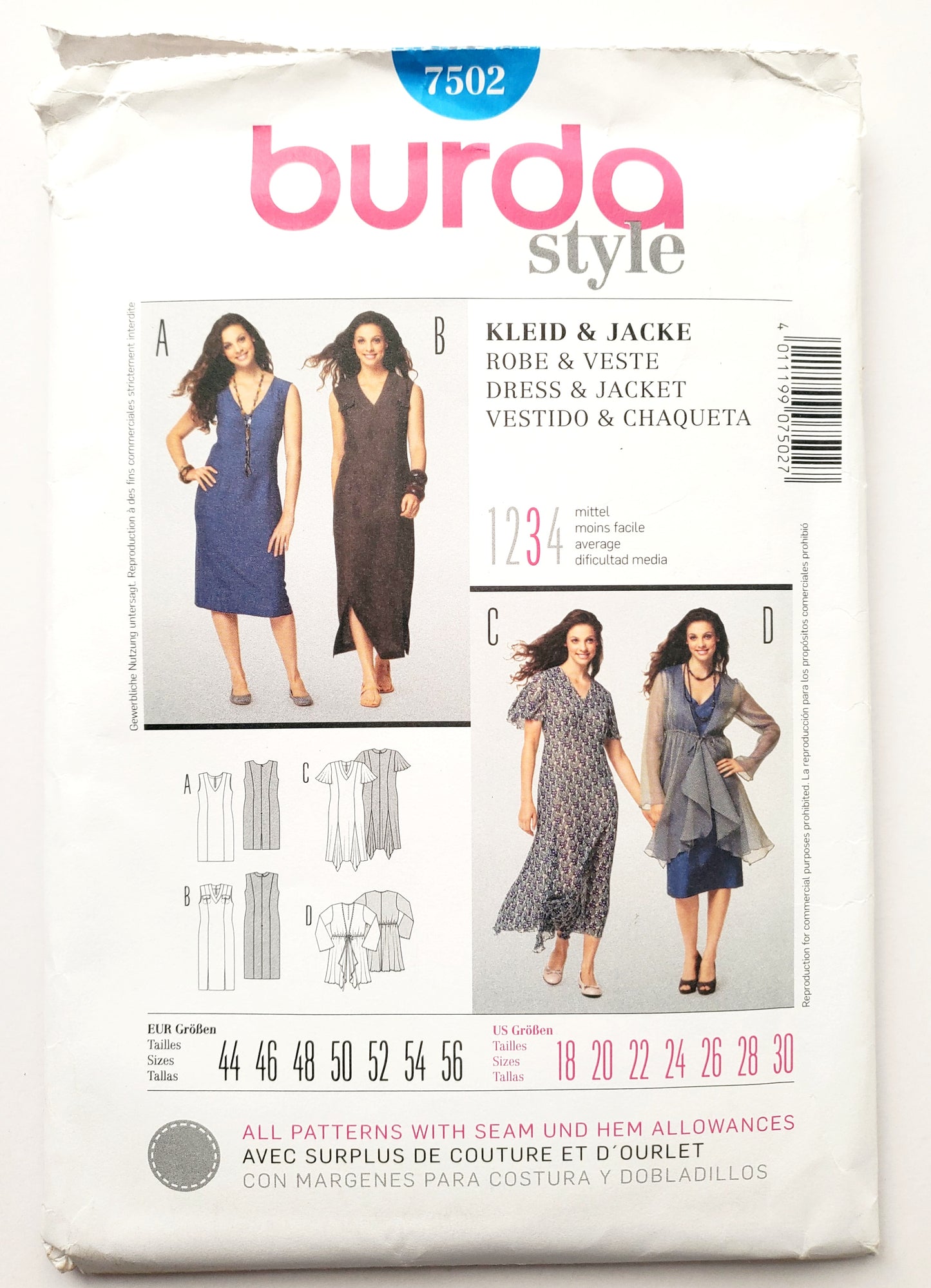 BURDA STYLE, Sewing Pattern 7502, Dress, and Chiffon Jacket, Size 18-30
