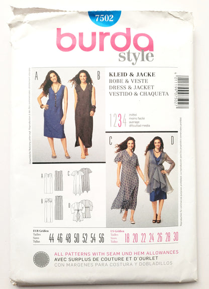 BURDA STYLE, Sewing Pattern 7502, Dress, and Chiffon Jacket, Size 18-30