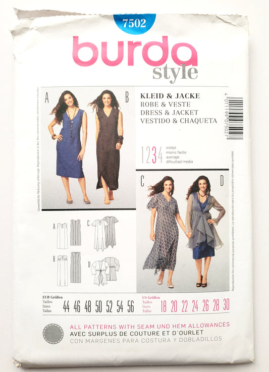 BURDA STYLE, Sewing Pattern 7502, Dress, and Chiffon Jacket, Size 18-30