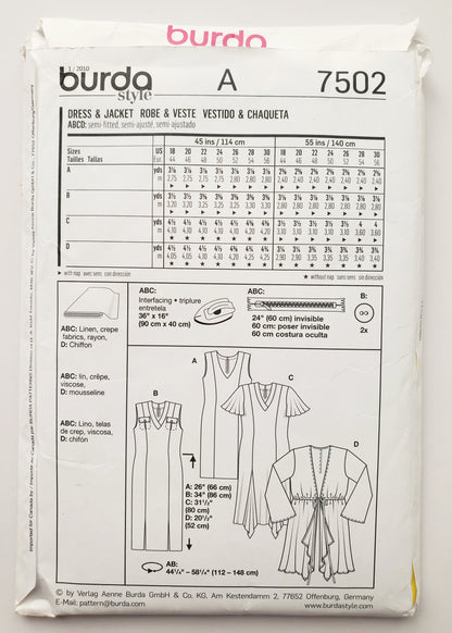 BURDA STYLE, Sewing Pattern 7502, Dress, and Chiffon Jacket, Size 18-30