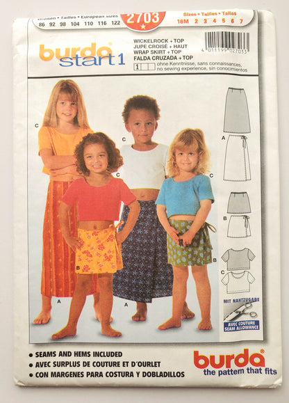 BURDA START 1, Sewing Pattern 2703, Skirt, Crop Top, Girls, Kids, Toddlers, Size 18M-7