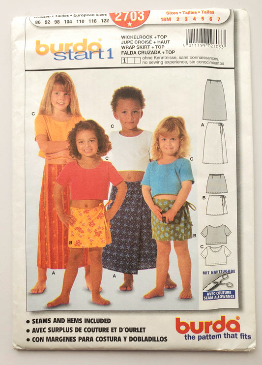 BURDA START 1, Sewing Pattern 2703, Skirt, Crop Top, Girls, Kids, Toddlers, Size 18M-7