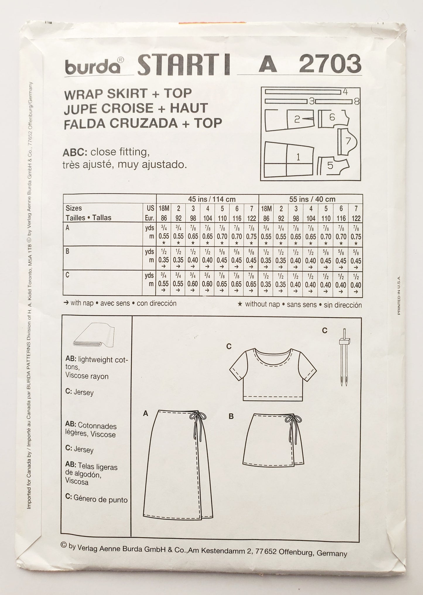 BURDA START 1, Sewing Pattern 2703, Skirt, Crop Top, Girls, Kids, Toddlers, Size 18M-7