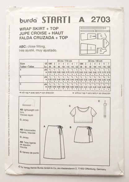 BURDA START 1, Sewing Pattern 2703, Skirt, Crop Top, Girls, Kids, Toddlers, Size 18M-7