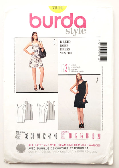 BURDA STYLE, Sewing Pattern 7514, Dress, One-Shoulder Dress, Size 10-20