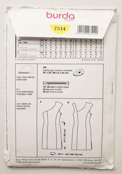 BURDA STYLE, Sewing Pattern 7514, Dress, One-Shoulder Dress, Size 10-20