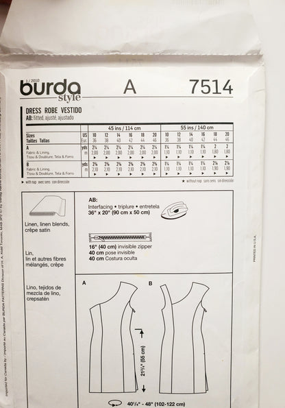 BURDA STYLE, Sewing Pattern 7514, Dress, One-Shoulder Dress, Size 10-20