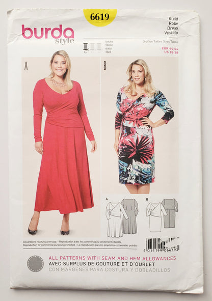 BURDA STYLE, Sewing Pattern 6619, Wrap Bodice Overlay Dress, Size 18-28