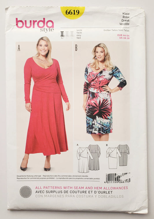 BURDA STYLE, Sewing Pattern 6619, Wrap Bodice Overlay Dress, Size 18-28