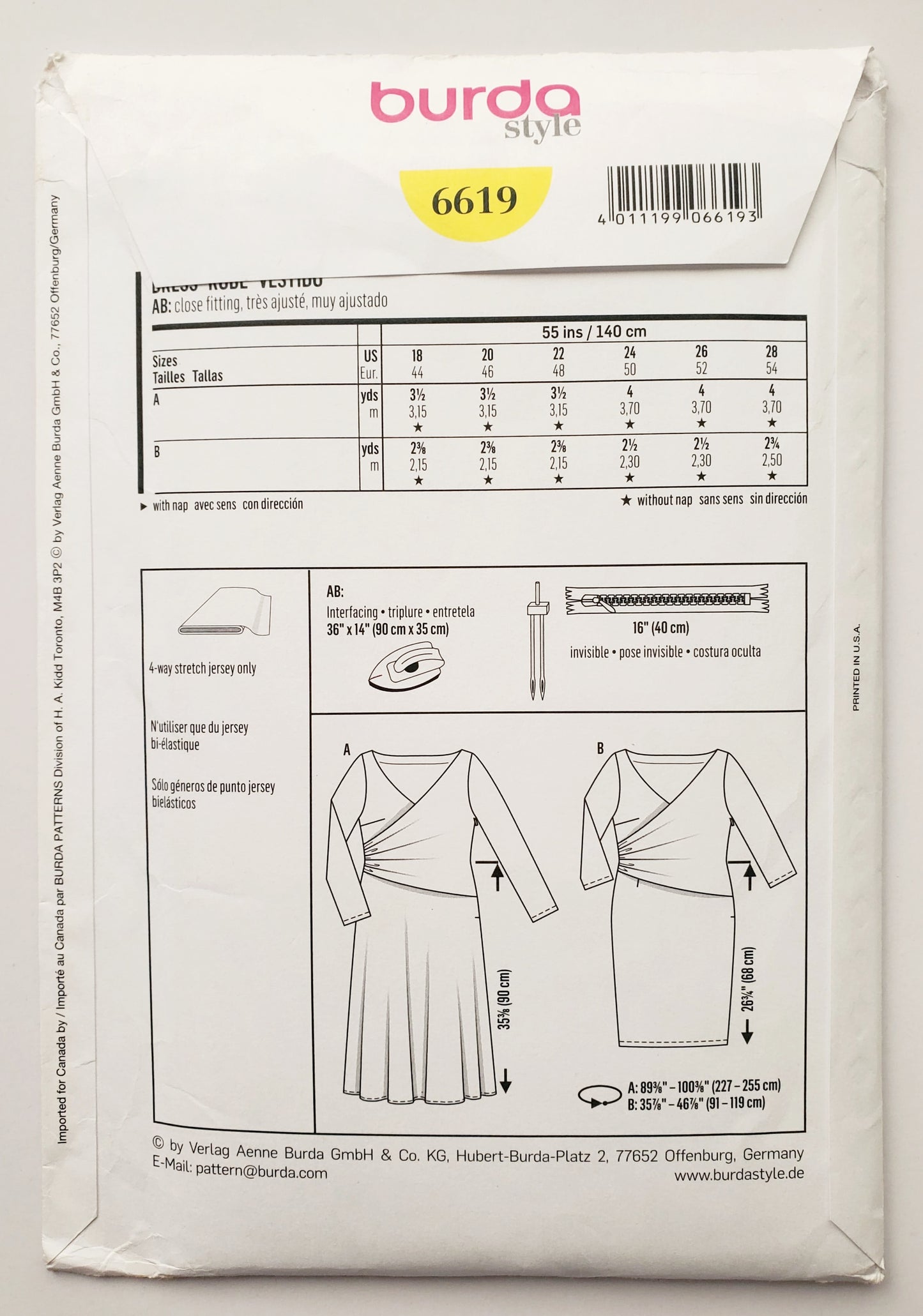 BURDA STYLE, Sewing Pattern 6619, Wrap Bodice Overlay Dress, Size 18-28