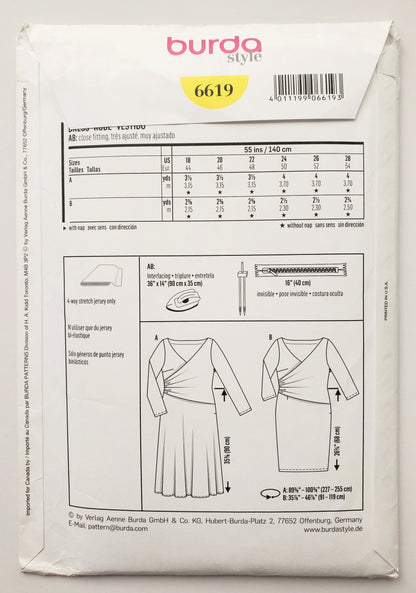 BURDA STYLE, Sewing Pattern 6619, Wrap Bodice Overlay Dress, Size 18-28