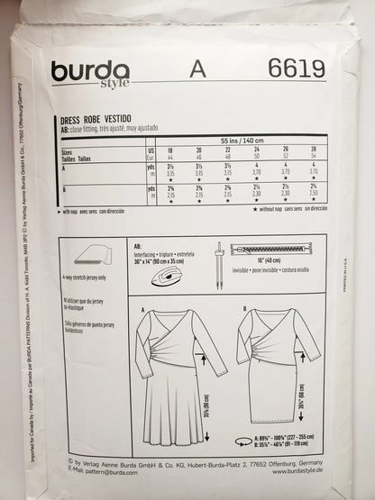 BURDA STYLE, Sewing Pattern 6619, Wrap Bodice Overlay Dress, Size 18-28