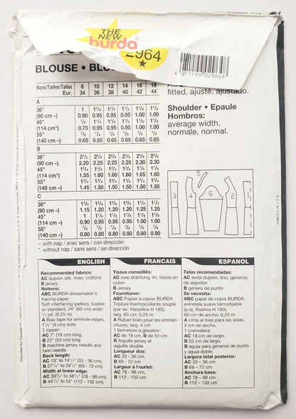 BURDA, Sewing Pattern 2964, Pants, Jacket, Top, Fitted, Size 8-18