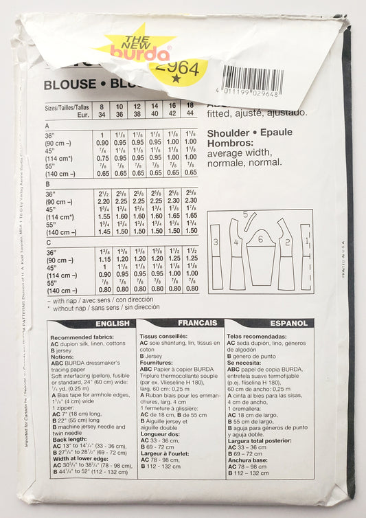 BURDA, Sewing Pattern 2964, Pants, Jacket, Top, Fitted, Size 8-18