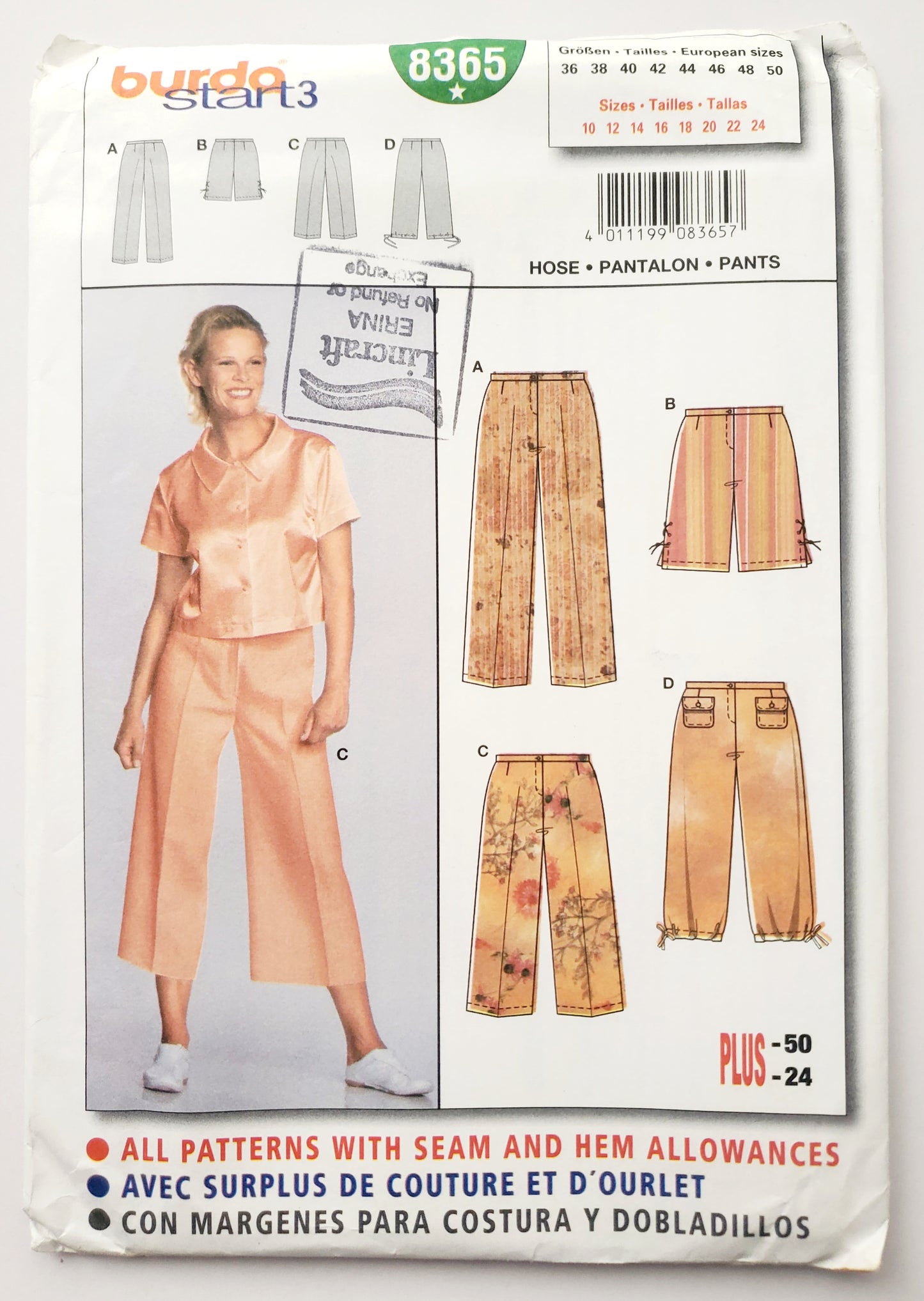BURDA START 3, Sewing Pattern 8365, Shorts, Pants, Pants with Criss-Cross Tie on Sides, Pants with Drawstring Style, Size 10-24