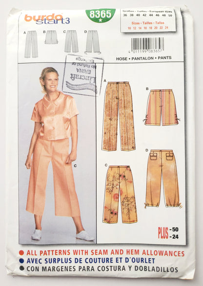 BURDA START 3, Sewing Pattern 8365, Shorts, Pants, Pants with Criss-Cross Tie on Sides, Pants with Drawstring Style, Size 10-24