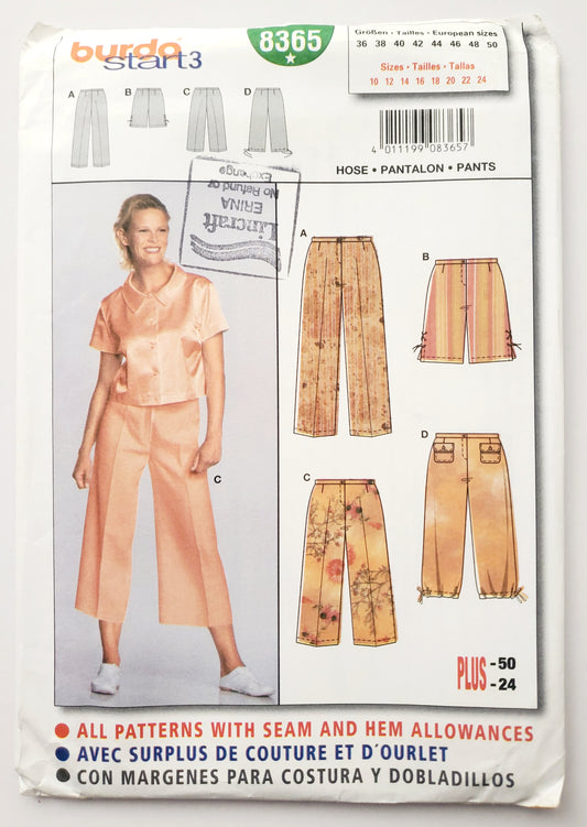 BURDA START 3, Sewing Pattern 8365, Shorts, Pants, Pants with Criss-Cross Tie on Sides, Pants with Drawstring Style, Size 10-24