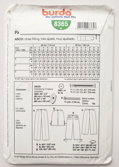 BURDA START 3, Sewing Pattern 8365, Shorts, Pants, Pants with Criss-Cross Tie on Sides, Pants with Drawstring Style, Size 10-24