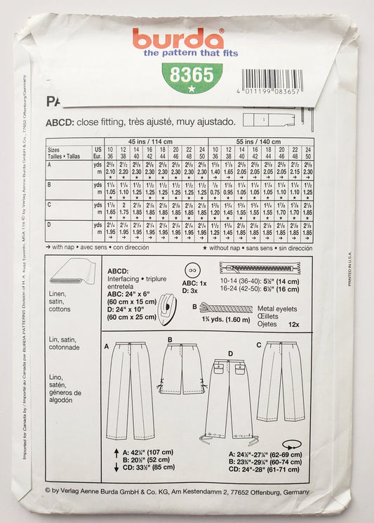 BURDA START 3, Sewing Pattern 8365, Shorts, Pants, Pants with Criss-Cross Tie on Sides, Pants with Drawstring Style, Size 10-24