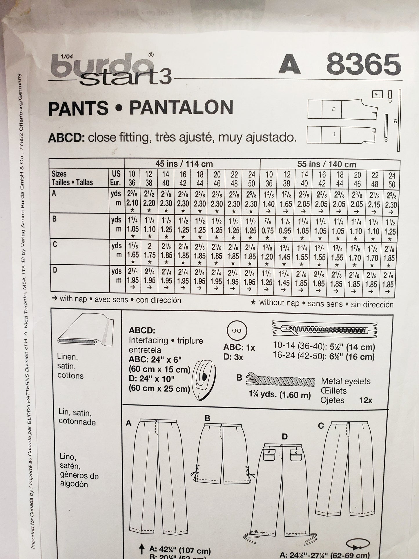 BURDA START 3, Sewing Pattern 8365, Shorts, Pants, Pants with Criss-Cross Tie on Sides, Pants with Drawstring Style, Size 10-24