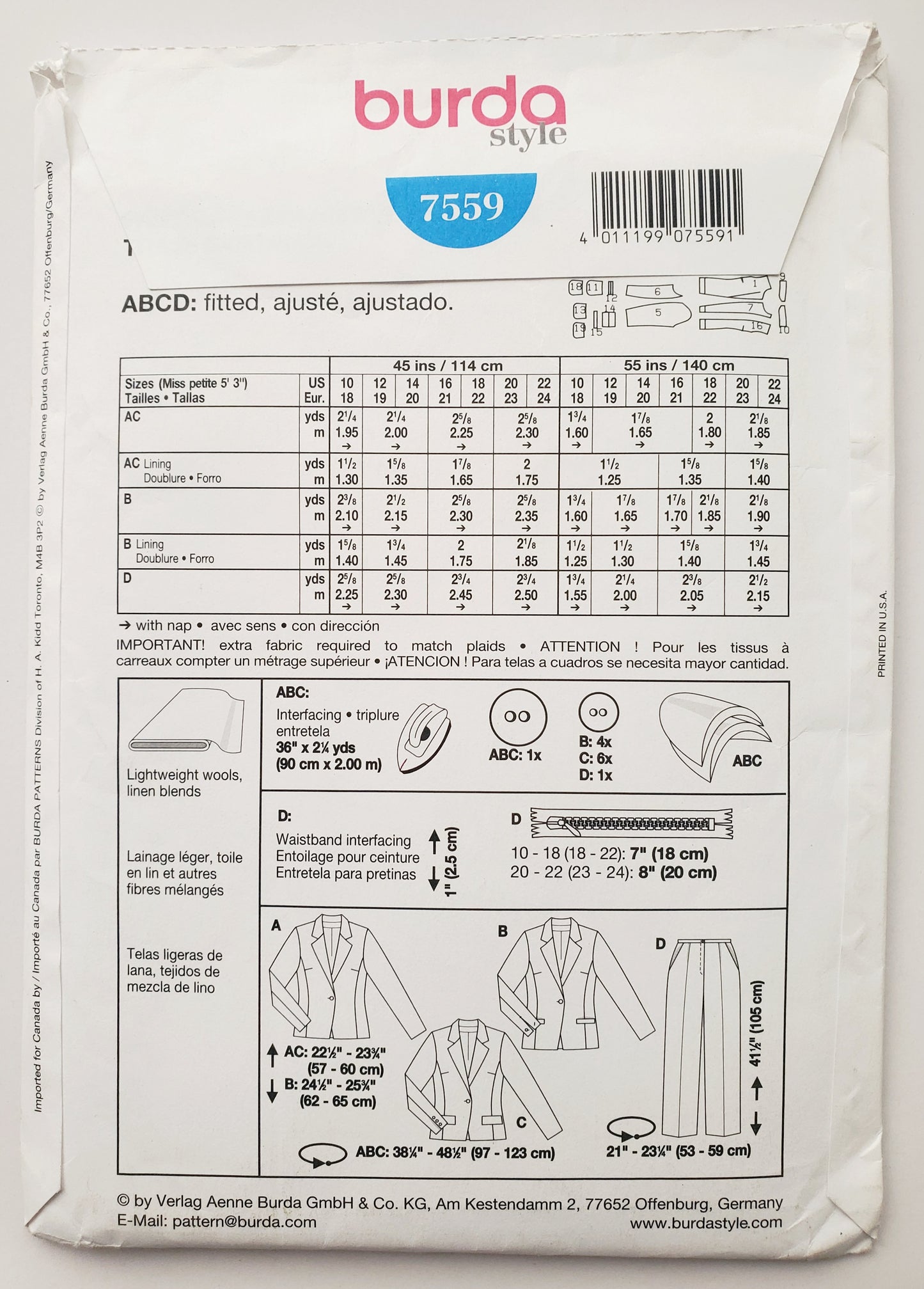 BURDA STYLE, Sewing Pattern 7559, Pants, Jackets, Size 10-22