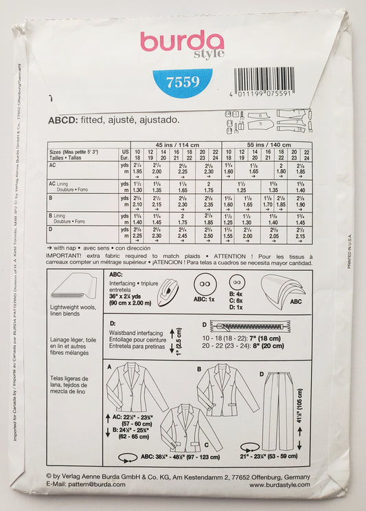 BURDA STYLE, Sewing Pattern 7559, Pants, Jackets, Size 10-22