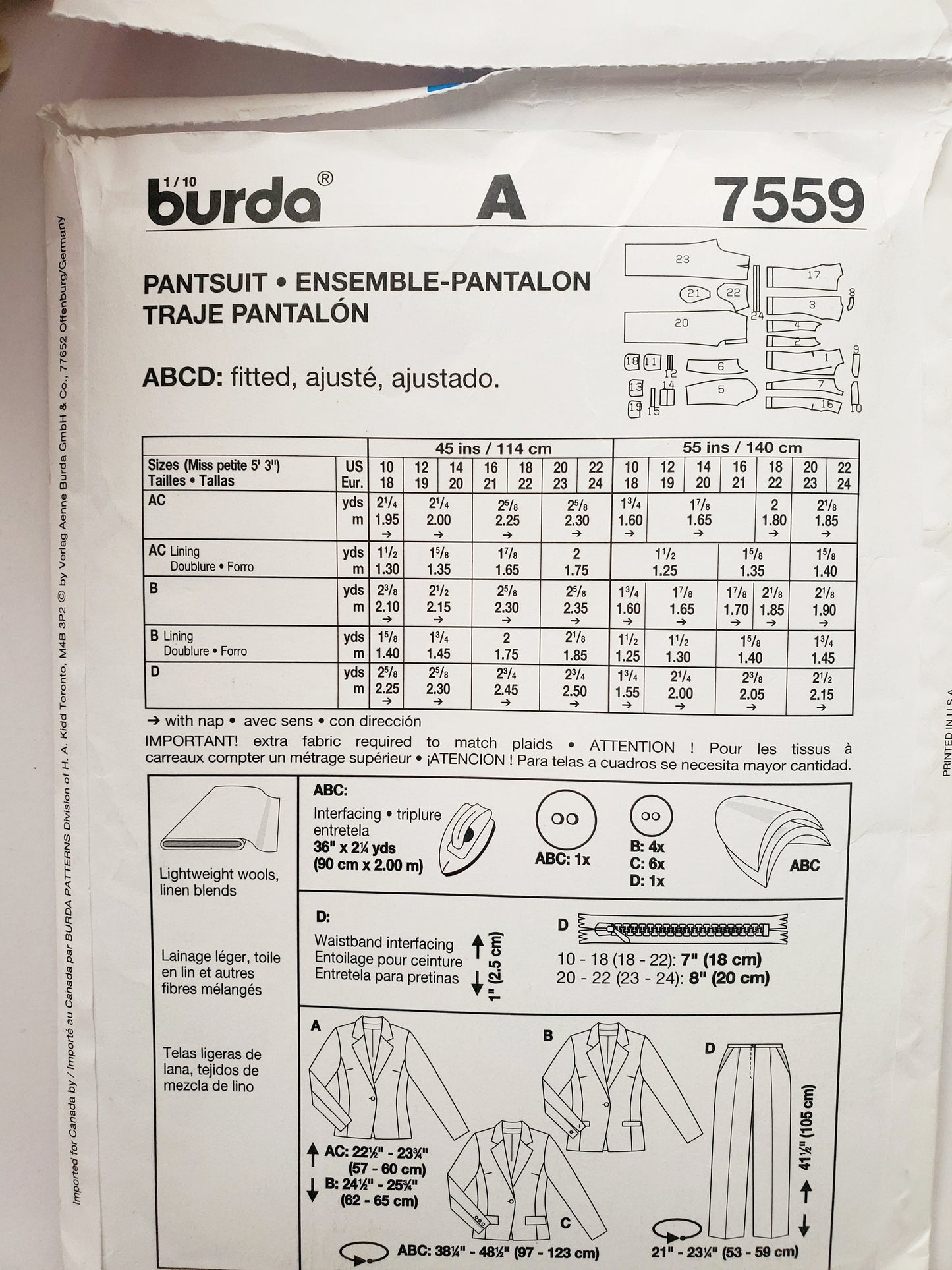 BURDA STYLE, Sewing Pattern 7559, Pants, Jackets, Size 10-22