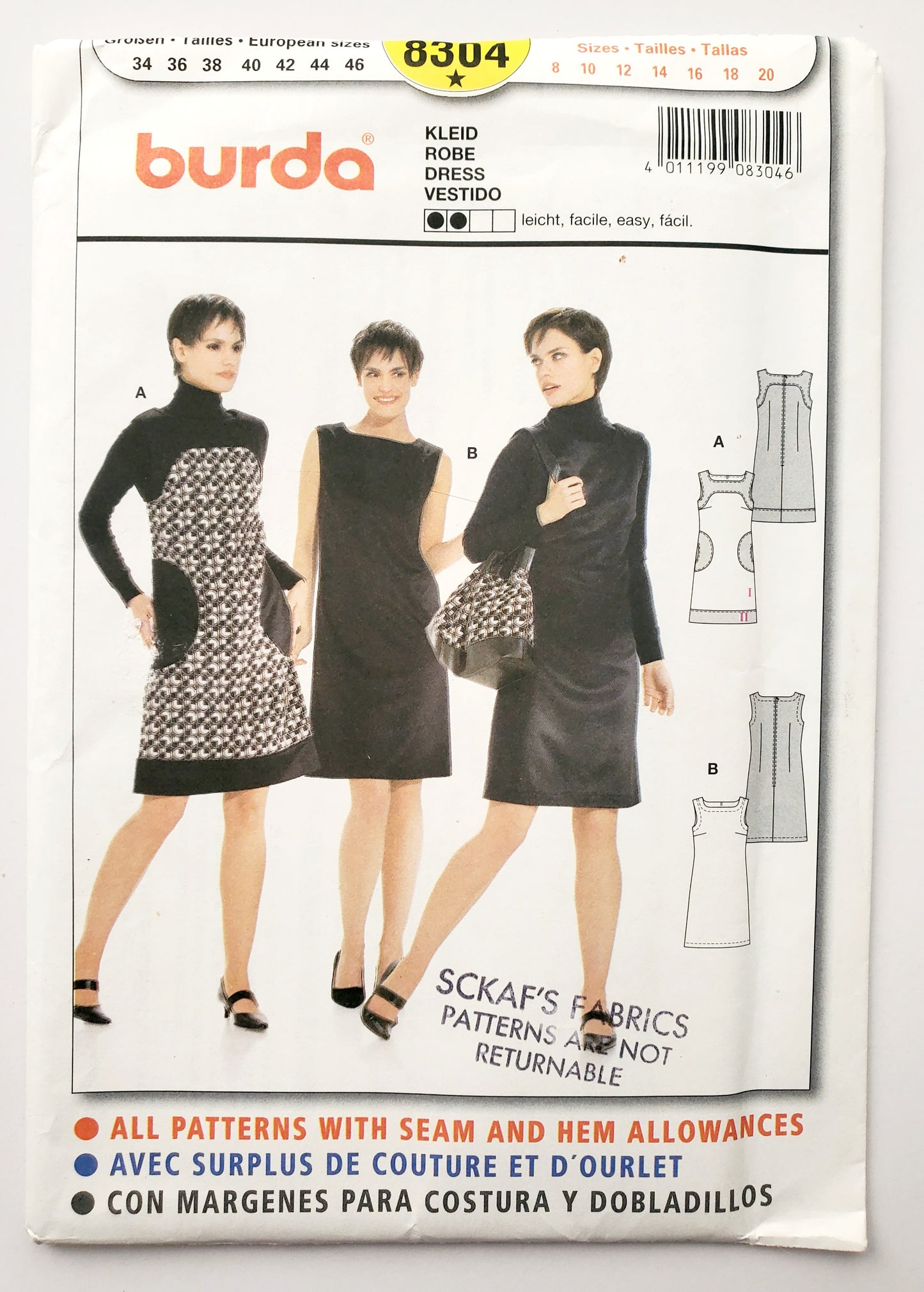 BURDA, Sewing Pattern 8304, Dress, Dress with Contrast Fabric, Size 8-20