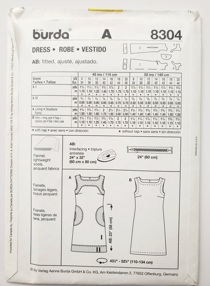 BURDA, Sewing Pattern 8304, Dress, Dress with Contrast Fabric, Size 8-20