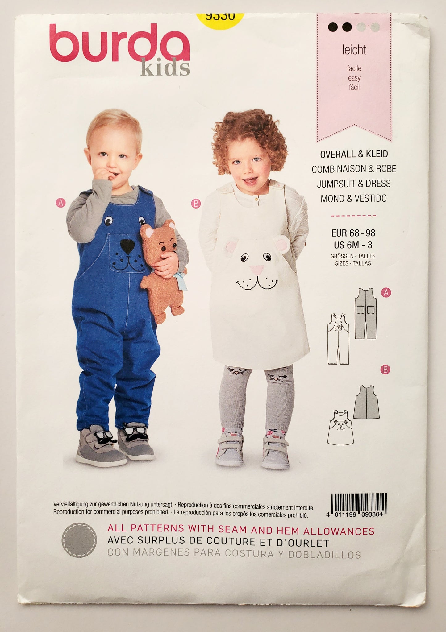 BURDA KIDS, Sewing Pattern 9330, Overalls, Jumpsuit, Dress, Kids, Toddlers, Size 6M-3