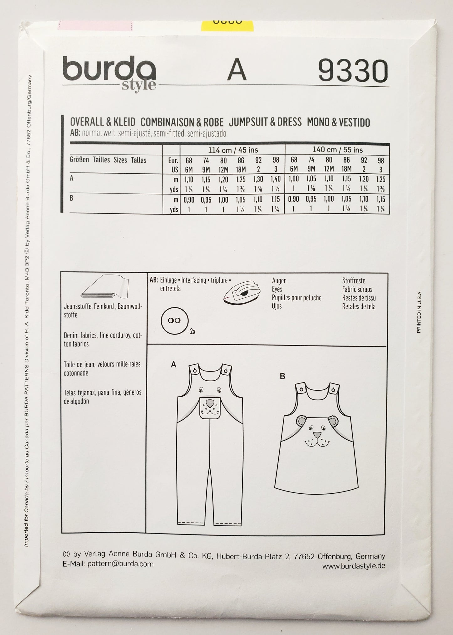 BURDA KIDS, Sewing Pattern 9330, Overalls, Jumpsuit, Dress, Kids, Toddlers, Size 6M-3