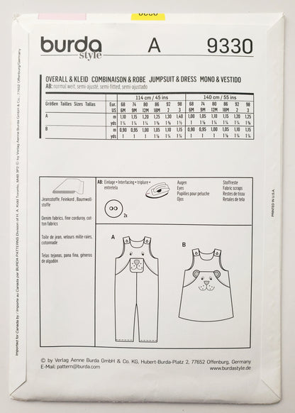 BURDA KIDS, Sewing Pattern 9330, Overalls, Jumpsuit, Dress, Kids, Toddlers, Size 6M-3