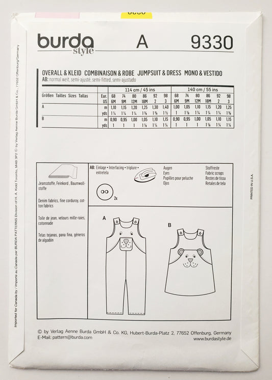 BURDA KIDS, Sewing Pattern 9330, Overalls, Jumpsuit, Dress, Kids, Toddlers, Size 6M-3