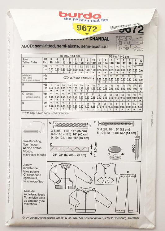 BURDA KIDS, Sewing Pattern 9672, Pants, Vests, Jumpers, Sweaters, Boys, Kids, Size 3-10